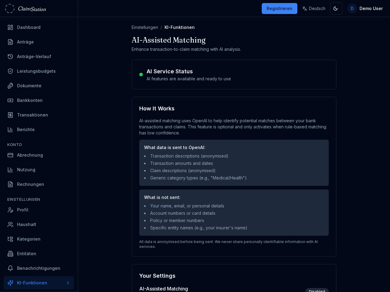 ClaimStation KI-Funktionen-Einstellungen